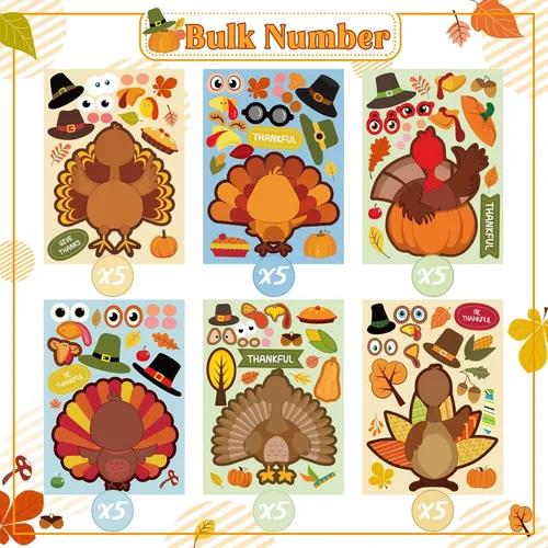 Vista 4 de Pegatinas de pavo de Acción de Gracias para niños, recuerdos de fiesta de 30 piezas Turquía