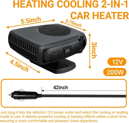 Vista 4 de Calentador y ventilador de coche de 12 V 200 W, descongelador portátil de modo dual, giratorio de 360° para desempañar el parabrisas del calentador