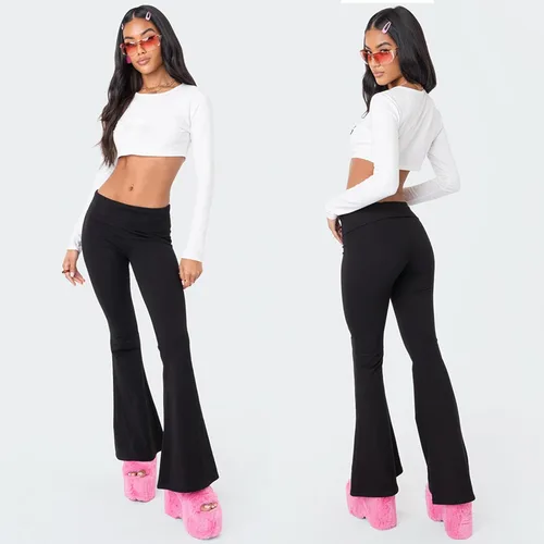 Vista 6 de Leggings acampanados para mujer, cintura elástica doblada, pantalones de yoga para entrenamiento, pantalones casuales ajustados con corte de bota