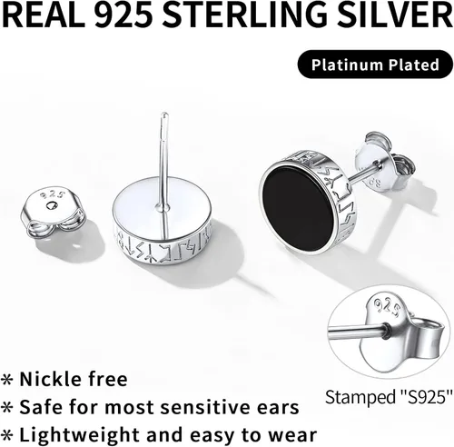 Vista 6 de ChicSilver Pendientes de tuerca de plata de ley 925 con runa vikinga de ónix negro natural para mujeres y hombres