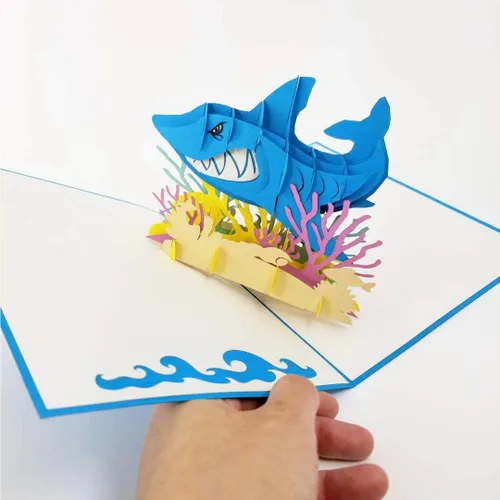 Vista 4 de Tarjeta desplegable de tiburón blanco, tarjeta de felicitación emergente 3D – Tarjeta desplegable de cumpleaños en el océano, felicitaciones