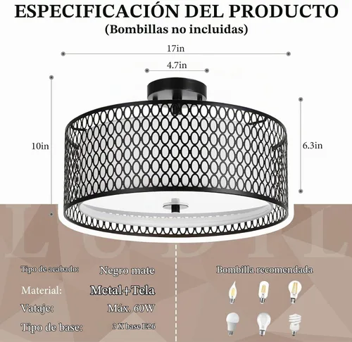 Vista 3 de Lámpara de techo semiempotrada de 17 pulgadas, moderna iluminación de techo E26 de doble tambor de 3 luces con jaula de malla de hierro negro mate