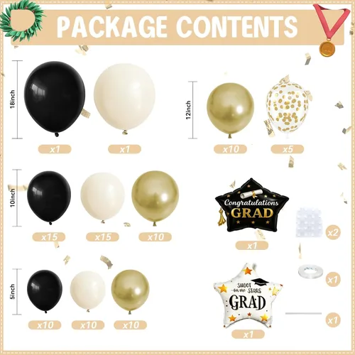 Vista 2 de Kit de arco de guirnalda de globos negro, blanco y dorado, arco de guirnalda de arena blanca perla metálica champán con globos de confeti