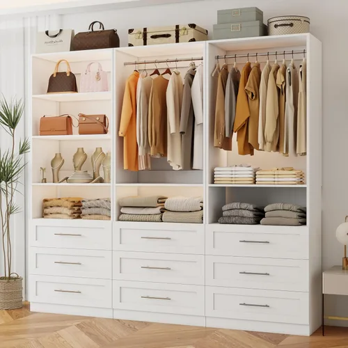 Vista 10 de Sistema de armario con 6 cajones, sistema organizador de armario de madera de 48", sistema de armario para vestidor o armario pequeño con estantes