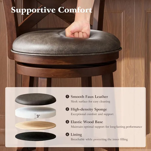 Vista 5 de ALPHA HOME Taburetes de bar giratorios con respaldo, 26 pulgadas, juego de 2, taburetes de bar de madera, sillas de bar de 360 grados con patas