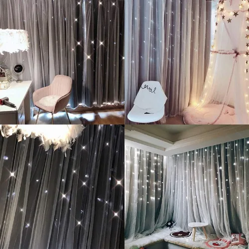 Vista 7 de UNISTAR 2 paneles de cortinas opacas y transparentes con estrellas para dormitorio, niñas, habitación de bebé, doble capa con recorte de estrellas