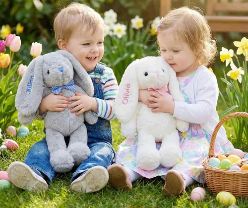 Vista 3 de DIBSIES Hoppity Floppity Bunny personalizado de 18 pulgadas (conejito gris con pajarita azul)