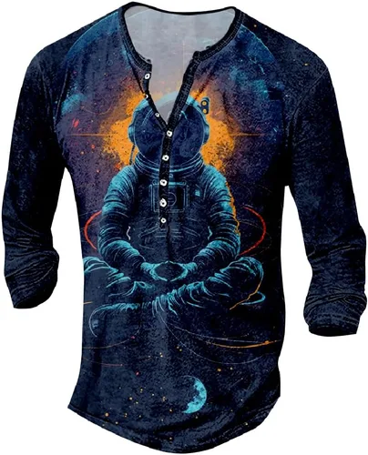 Vista 20 de MARSVOVO Camisetas Henley para hombre, camisetas gráficas artísticas, cuello en V, sin cuello, manga larga, casual, ajustadas, camisas