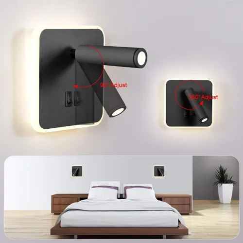 Vista 4 de Kawell Apliques de pared LED modernos 2 en 1 de 8 W con interruptor, foco de pared de lectura ajustable de 3 W, cableado interior para dormitorio