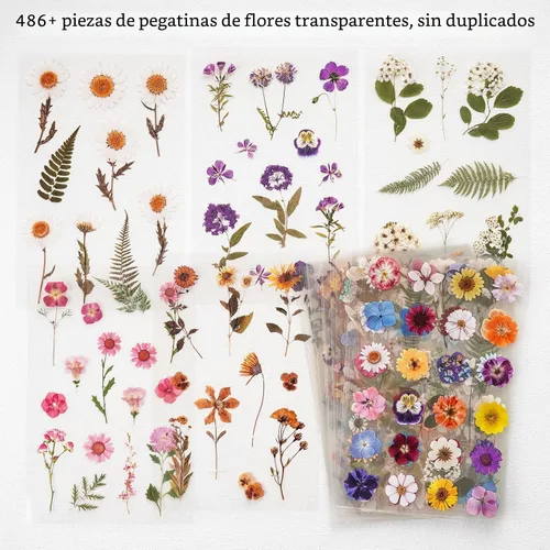 Vista 4 de Knaid Calcomanías temáticas de flores prensadas (surtido de 486 piezas, 36 hojas), calcomanías de resina floral secas, calcomanías de diario