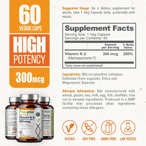 Vista 4 de biophix Vitamina K2 MK-7 300mcg, 60 cápsulas veganas - Suplemento de alta potencia para la fuerza ósea y la salud inmunológica