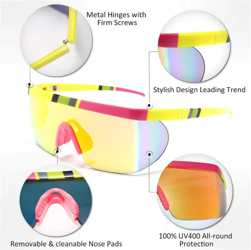 Vista 4 de FEISEDY Gafas de sol deportivas de gran tamaño de los años 80, gafas de esquí con parte superior plana, visera futurista de una pieza para mujeres