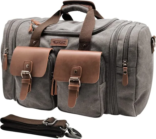 Vista 8 de Wildroad Bolsa de viaje de lona de 50L, bolsa de lona expandible de cuero genuino, bolsa de fin de semana mejorada para una noche, bolsa de mano