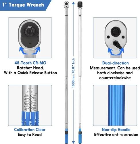 Vista 2 de BULLTOOLS Llave dinamométrica de clic de accionamiento de 1 pulgada, juego de llaves dinamométricas ajustables de doble escala con una llave