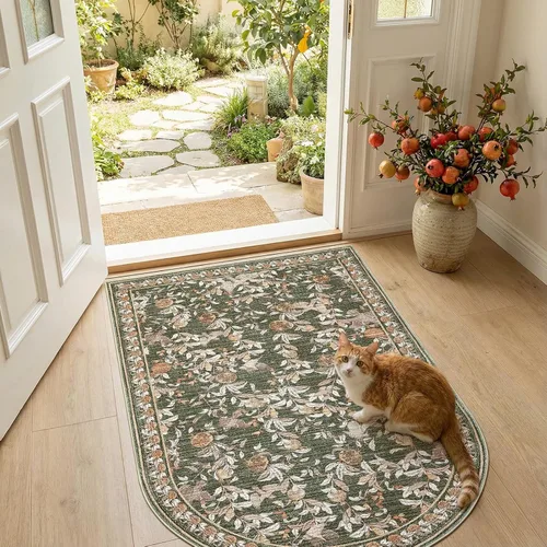 Vista 42 de jinchan Alfombra de entrada lavable vintage floral de medio círculo de 2 x Eden Azul/Verde