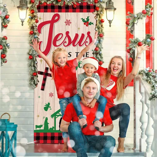 Vista 5 de Cubierta de puerta religiosa de Jesús de Navidad, telón de fondo para puerta de fiesta de Navidad con texto en inglés «Jesús es la razón