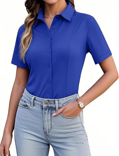 Vista 9 de Siliteelon Camisetas de Botón para Mujer, Ajustadas, de Manga Corta, Elásticas, Camisa de Vestir, Sin Arrugas, Sólida, Blusa de Trabajo