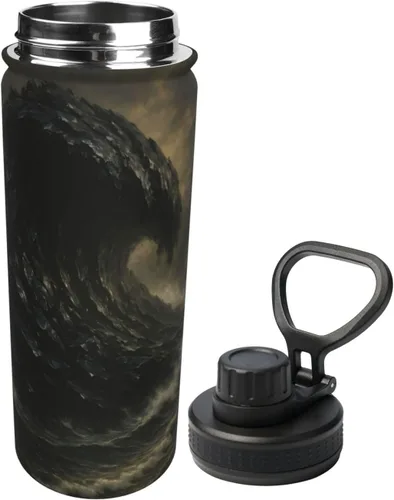 Vista 2 de Botella de agua aislada con estampado de tsunami de obsidiana, de acero inoxidable de 18 onzas, divertida taza de viaje, a prueba de fugas