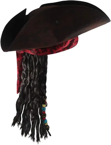 Vista 2 de Nicky Bigs Novelties Sombrero de pirata de tricornio caribeño de bucanero para niños, diseño de rastas, color marrón, Marrón