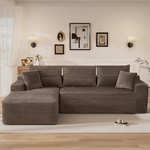 Vista 12 de Sofás seccionales sin hueso en forma de L de 108 pulgadas para sala de estar, moderno y cómodo sofá modular de pana comprimida de espuma