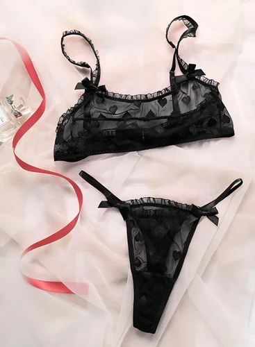 Vista 2 de EVELUST Conjunto de lencería con estampado de corazón para mujer, ropa interior transparente de malla de San Valentín, con volantes, bonito brasier