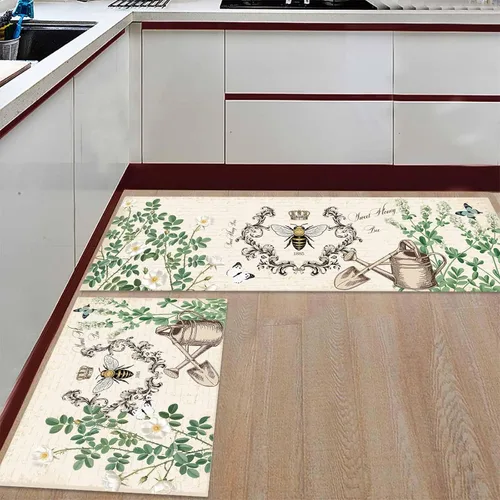 Vista 2 de T&H XHome Juego de 2 alfombras de cocina, diseño vintage de abejas de miel, girasol, antideslizantes, parte trasera de goma, tapetes acolchados