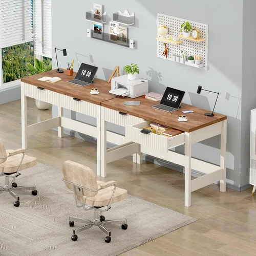 Vista 8 de YOMILUVE Escritorio estriado para computadora con 2 cajones, escritorio pequeño de computadora de 39 pulgadas con almacenamiento, escritorio Blanco