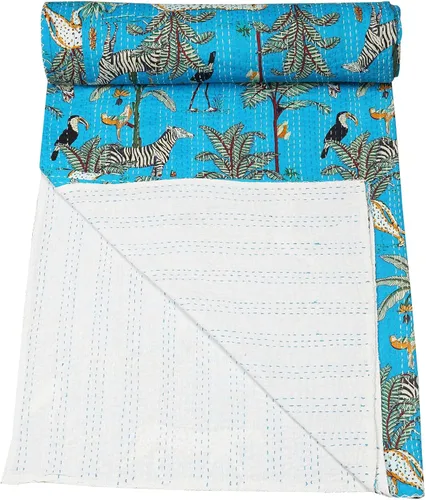 Vista 36 de Marubhumi Edredón tradicional indio de algodón puro con estampado de selva Kantha, funda de cama, colcha Kantha con estampado de animales, Negro