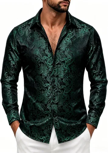 Vista 10 de DiBanGu Camisa de vestir de paisley de seda para hombre, formal, de manga larga, con cuello abotonado, camisas informales para fiesta de boda Negro