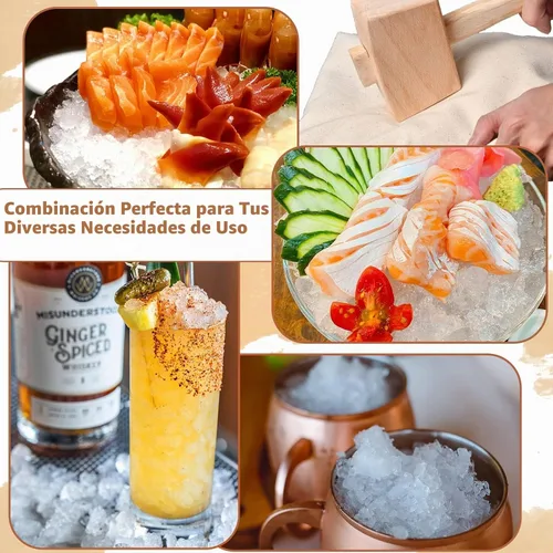 Vista 6 de Juego de 7 palillos de hielo de acero inoxidable con mango de madera, bolsa Lewis de hielo triturado y martillo de madera para romper hielo tallado