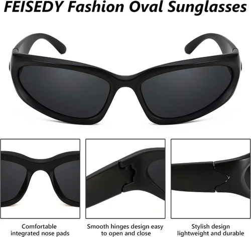 Vista 2 de FEISEDY Gafas de sol futuristas envolventes ovaladas y frescas Y2K con marco grueso, vintage de los años 90 para hombres y mujeres, B2951