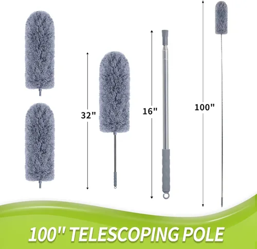 Vista 4 de IVYROLL Plumero con poste de extensión para limpieza (kit de 2 cabezales de microfibra), plumero de plumas de 100 pulgadas de largo para techos