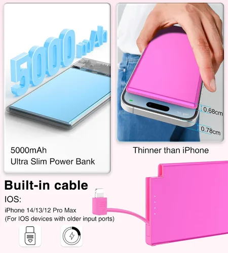 Vista 3 de Auskang Cargador portátil delgado con cable Lightning incorporado - Batería externa delgada de 5000 mAh compatible con iPhone 14/13/12/11/X/8/7 Pro
