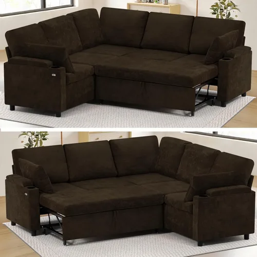Vista 4 de Sofá modular de felpilla de 85 pulgadas con cama extraíble y Marrón