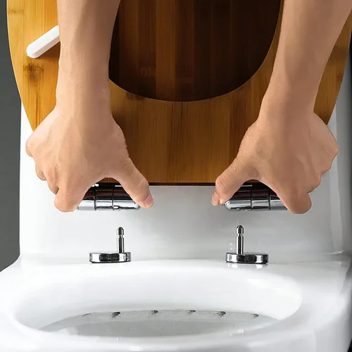 Vista 6 de Asiento de inodoro universal de madera con tapa, cómodos y fáciles de limpiar, diseño ergonómico de cierre lento, puede soportar 661.4 lbs