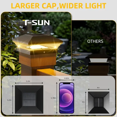 Vista 4 de T-SUN Paquete de 6 luces solares para postes y postes de valla, 2 modos Negro-blanco cálido y frío
