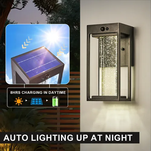 Vista 2 de Luz de Pared Solar para Exterior con Sensor de Movimiento de 3 Modos, Sconce Exterior de Cristal con Luz LED de 4000K 250LM para Puerta Frontal