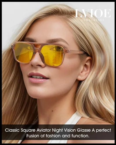 Vista 2 de LVIOE Lentes polarizados de visión nocturna para hombres y mujeres, cuadrados, estilo aviador, conducción nocturna, retro, vintage, 70s, lente