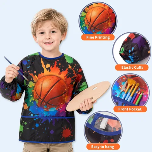 Vista 2 de WERNNSAI Bata de arte para niños impermeable con manga larga y 3 bolsillos de pintura