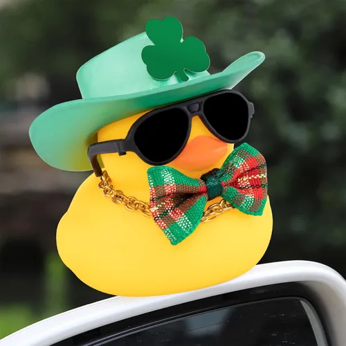 Vista 6 de Wonuu Decoración del día de San Patricio de pato de goma, sombrero de trébol verde de la suerte y decoración del automóvil, sombrero de vaquero