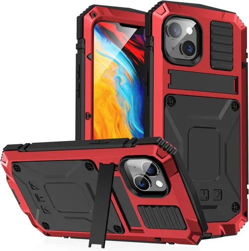 Vista 17 de Funda de metal para iPhone 14 de aluminio de grado militar con protector de pantalla de soporte de metal, a prueba de caídas, a prueba de golpes