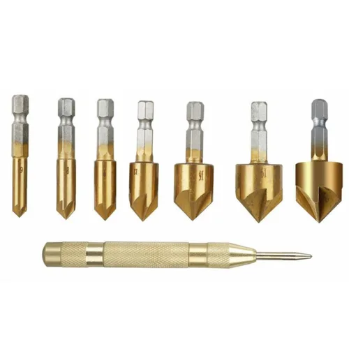 Vista 9 de VALICLUD 8pcs Countersink Drill Bit Set with Punch Cobalt Steel Woodworking Chamfer Tools for Deburring Cone Hole Cutting Rustproof High Hardness