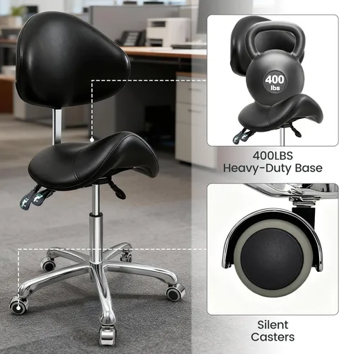 Vista 5 de FreSup Taburete de silla con soporte para el respaldo, silla ergonómica con ruedas, taburete giratorio de alta resistencia, silla con ruedas