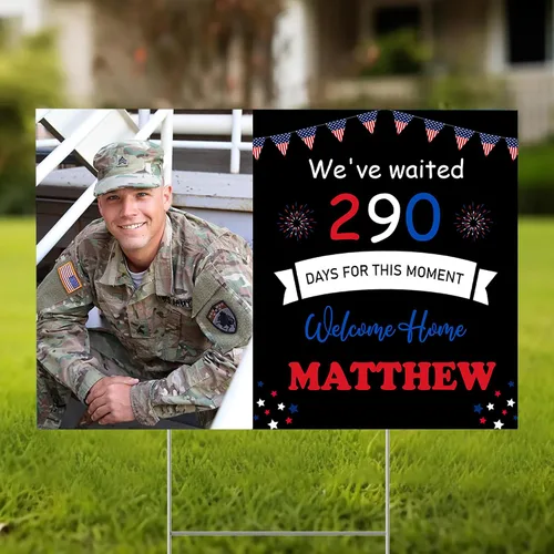 Vista 3 de Letrero militar personalizado de bienvenida a casa para patio con foto, cartel personalizado con nombre e imagen al aire libre para soldado, marino