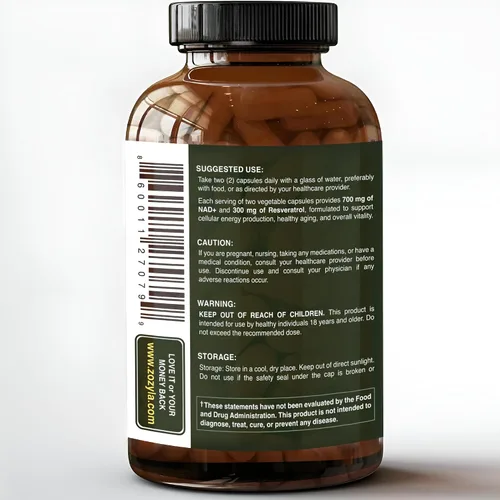 Vista 3 de Suplemento liposomal NAD+ con resveratrol 1000 mg por porción, 60 cápsulas, alta absorción, sin OMG, certificado e inspeccionado por GMP, probado