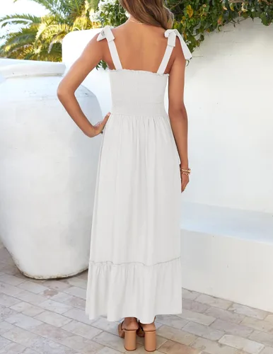 Vista 3 de ZESICA - Vestido largo, bohemio de verano para mujer, acampanado, con tirantes delgados, cuello cuadrado y volantes, vestido largo para la playa