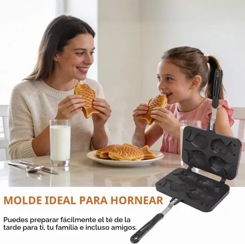 Vista 6 de Cyrank Taiyaki - Molde para pasteles en forma de pez, antiadherente para hacer gofres, molde doble para panqueques con mango largo, molde doble