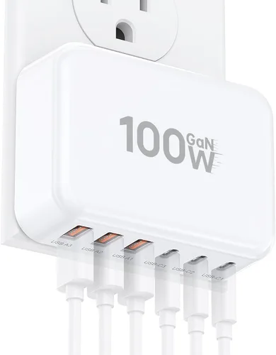 Vista 12 de Bloque de Carga Rápida, Cubo de Estación de Carga GaN de 6 Puertos USB C, Cargador de Pared de 100W de Tipo C de Múltiples Puertos con Enchufe
