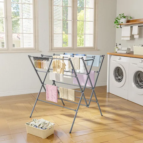 Vista 2 de HOMIDEC Tendedero de secado de ropa, 12 postes de secado grandes con clips para calcetines, estante de secado de ropa, plegable, portátil, para Plata