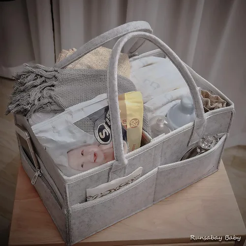 Vista 5 de Runsabay. Cesta para guardería - Organizador de pañales para bebé para cambiador - Porta pañales portátil con asa - Organizador para auto